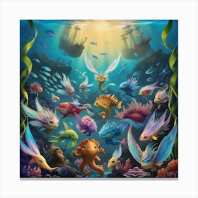 A Vibrant Whimsical Underwater Scene Featuring Different Sea Life Canvas Print