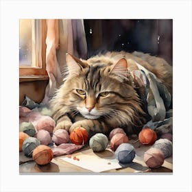 A cat taking a nap in the evening with wool balls scattered around and a warm winter atmosphere 3 Canvas Print
