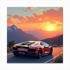 Lamborghini Aventador In A Watercolor Sunset Over A Mountain Range 1 Canvas Print