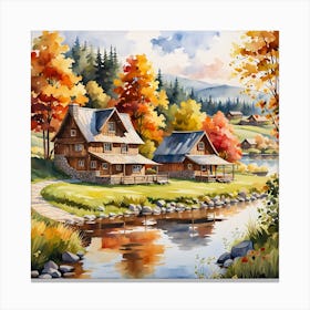 Autumn Cottages By The River Canvas Print