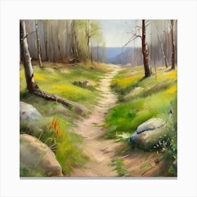 Path In The Woods.A dirt footpath in the forest. Spring season. Wild grasses on both ends of the path. Scattered rocks. Oil colors.12 Canvas Print