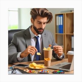 Businessman Eating Chips In The Office Canvas Print