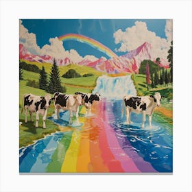Rainbow Retro Collage Of Cows In The River Canvas Print