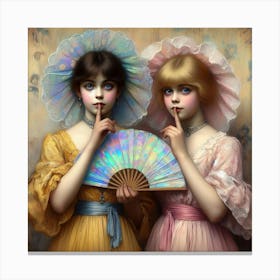 Two Girls Holding A Fan Canvas Print