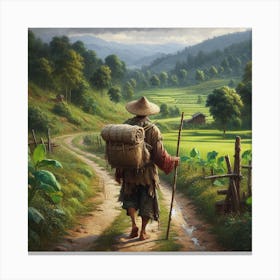 An old, poor man walking down the Japanese valley Canvas Print