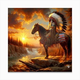 American Indian Sitting On Horse By A Stream Copy Pr Canvas Print
