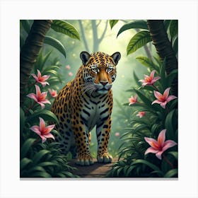 Jaguar In Orchids Filled Jungle 1 Canvas Print