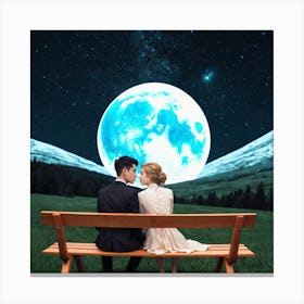 Couple Sitting On A Bench Under The Moon 3 Canvas Print