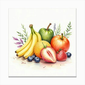 Beautiful Watercolor Composition Of Assorted Fruits And Vegetables With Elegance 1 Canvas Print