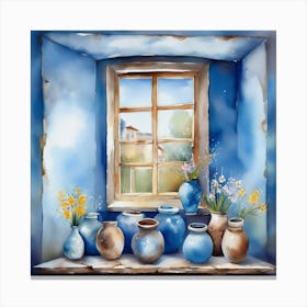 Blue wall. Open window. From inside an old-style room. Silver in the middle. There are several small pottery jars next to the window. There are flowers in the jars Spring oil colors. Wall painting.40 Canvas Print