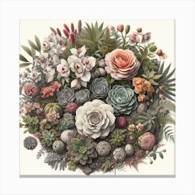 Floral and Foliage: A Realistic Drawing of a Top View of a Botanical Garden with Roses, Orchids, Succulents, and Ferns Canvas Print