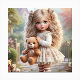 Little Girl With Teddy Bear 10 Canvas Print