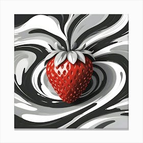 A Single, Red Strawberry With Green Leaves Is Centered On A Swirling Black And White Abstract Background Canvas Print