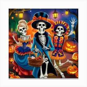 Halloween Skeletons With Pumpkins And A Basket Canvas Print