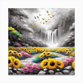 Sunflowers And Waterfall Canvas Print
