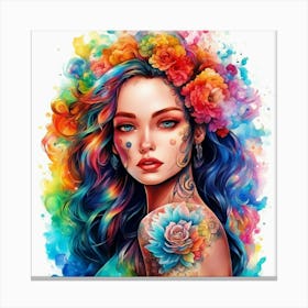 Colorful Girl With Flowers Canvas Print