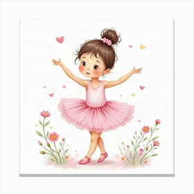 Watercolor Baby Girl In A Tutu, Dancing With Soft Pastel Flowers Canvas Print