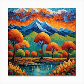 Autumn Reflections: Tranquil Lake Amidst Vibrant Foliage and Snow-Capped Mountains Canvas Print