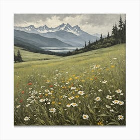 vintage oil painting of wild flowers in a meadow, mountains in the background 12 Canvas Print