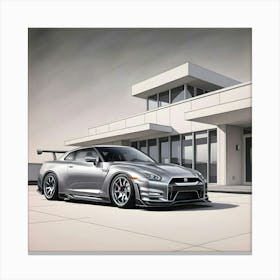 A Highly Detailed Pencil Drawing Of A Sleek, Silver Nissan GTR R35 In Front Of A Contemporary, Modern House Canvas Print