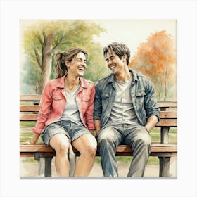 Couple Sitting On Park Bench Canvas Print