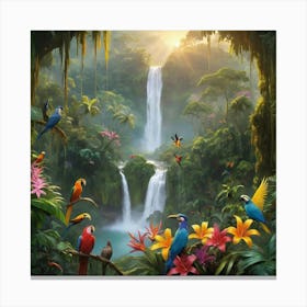 Tropical Jungle With Waterfall Paintings Art Print Canvas Print