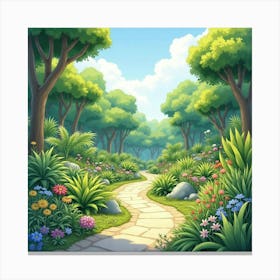 Lush Botanical Park In Watercolor, With Diverse Plant Life And Serene Pathways Canvas Print