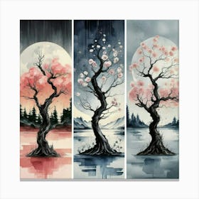 Three different palettes each containing cherries in spring, winter and fall 1 Canvas Print