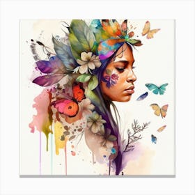 Watercolor Floral Indian Native Woman #10 Canvas Print