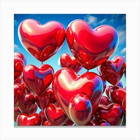 Red Heart Shaped Balloons Floating In A Blue Sky Canvas Print