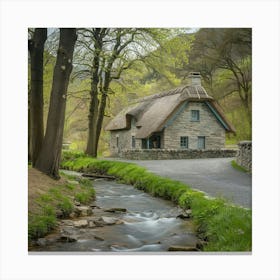 Thatched Cottage By The Stream 3 Canvas Print