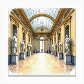 Watercolor Of A French Art Museum With Classic Sculptures And Grand Hallways 1 Canvas Print