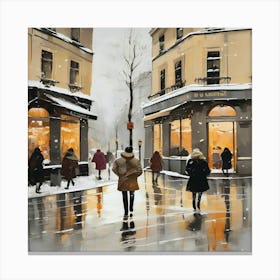 Paris cafes, winter season, Christmas, pale colors, pedestrians in the street, winter clothes, falling snow.5 Canvas Print