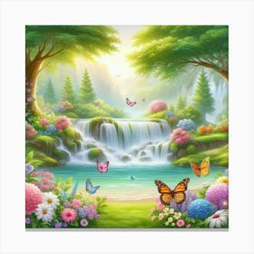 Waterfall And Butterflies Canvas Print