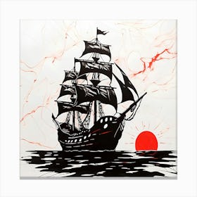 Minimalist Pirate Ship Wall Art Abstract Black Sailboat Print with Red Sunset Lienzo