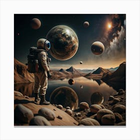 A lone astronaut stands on a rocky planet, gazing at a planet in the distance. Canvas Print