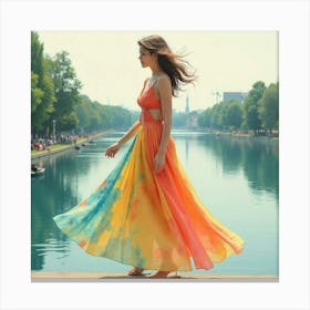 Fashionable Woman In Watercolor Dress, Peaceful River View 1 Canvas Print