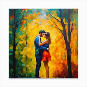 Kissing Couple In The Forest Canvas Print