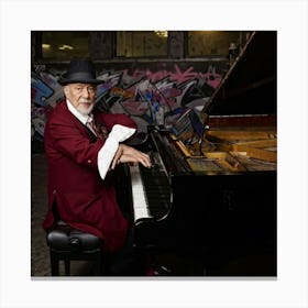 Elderly Male Pianist Soulful Eyes Fedora Clad Immersed In Play Neon Burgundy Beige Cream Palet Canvas Print