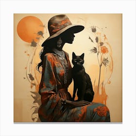 Boho Art Silhouette of a stylish woman with a cat Canvas Print