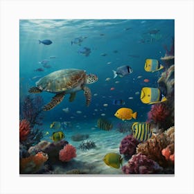 Turtles And Fishes Canvas Print