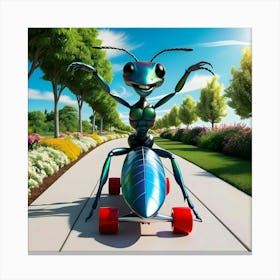 A Giant, Iridescent Blue And Green Ant, With Six Long, Muscular Legs On A Skateboard 3 Canvas Print