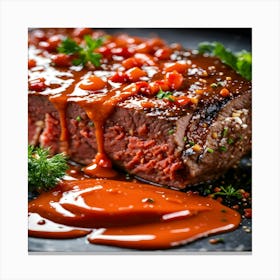 Steak With Sauce On A Black Plate Canvas Print