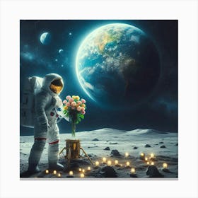 Astronaut On The Moon With Flowers 1 Canvas Print