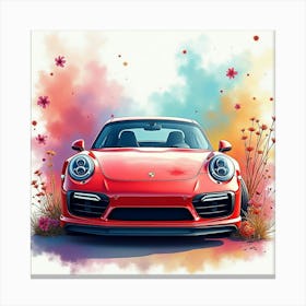 Porsche 911 Turbo S Surrounded By A Lively, Watercolor Festival Canvas Print