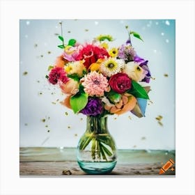 Craiyon 234006 Beautiful Bouquet Of Colorful Flowers Arranged In A Rustic Bottle On A Table Before S Canvas Print