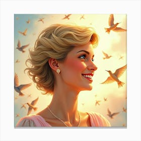 Princess Diana Glowing With A Smile As Watercolor Birds Fly In The Background 1 Canvas Print