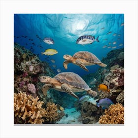 Turtles And Fishes Canvas Print