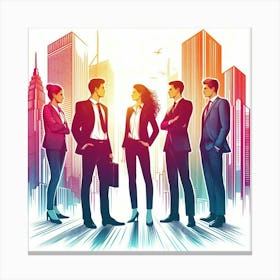 A group of business professionals in suits and formal attire stand in a vibrant cityscape with skyscrapers reaching towards the sky. The individuals are engaged in conversation, symbolizing collaboration and teamwork in the bustling urban environment. The scene is bathed in a warm and dynamic color palette, capturing the energy and ambition of the business world. The artwork showcases a diverse group of professionals, representing inclusivity and equality in the workplace. The composition is modern and stylish, reflecting the forward-thinking and innovative spirit of the business professionals depicted. The overall effect is one of inspiration and motivation, encouraging viewers to pursue their own professional aspirations and achieve success in their chosen field. Canvas Print