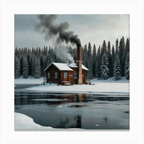 A Snowy Landscape With A Frozen Lake And A Cozy Cabin With Smoke Rising From The Chimney Canvas Print